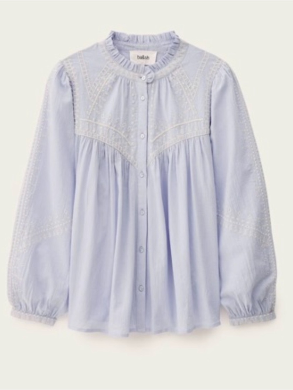 BNWT Ba&sh Boden Pale Blue Pintuck Button-Front Embroidered Blouse